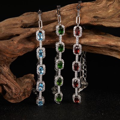 S925 Sterling Silver Bracelet Inlaid With Natural Topaz Garnet and Diopside